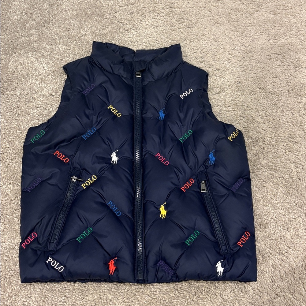 Kids Polo Ralph Lauren Navy Puffer Vest with Multicolor Logo